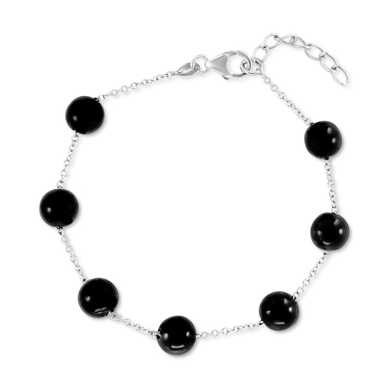  Onyx Bead Station Link Bracelet in Sterling Silve...