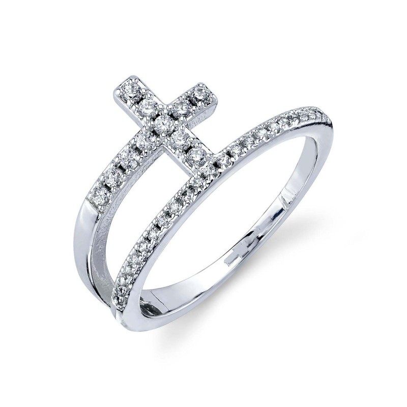 Crystal Cross Bypass Ring in Silver Plate or Gold-...