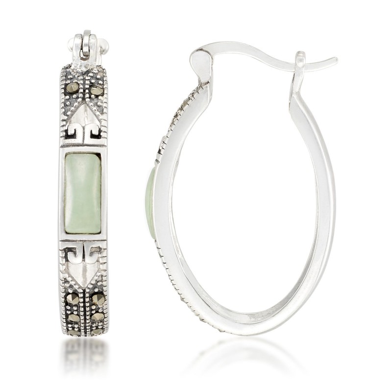 Jade (7.5 x 5.3mm) & Marcasite Oval Hoop Earrings ...