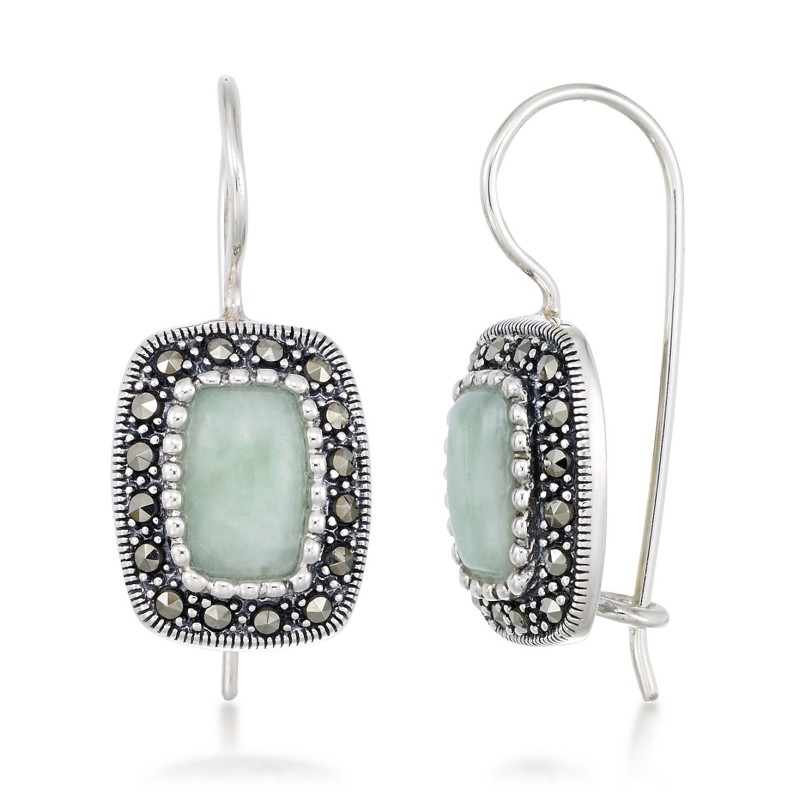 Jade (9 x 6mm) & Marcasite Rectangle Earrings in S...