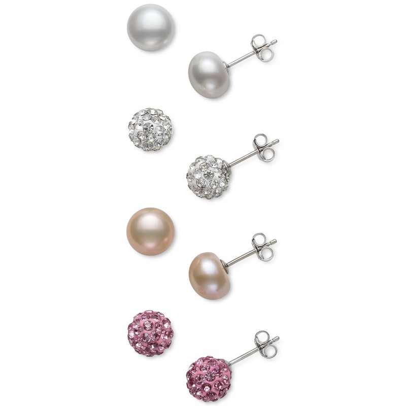 4-Pc. Set Cultured Freshwater Pearl (8mm) & Crysta...