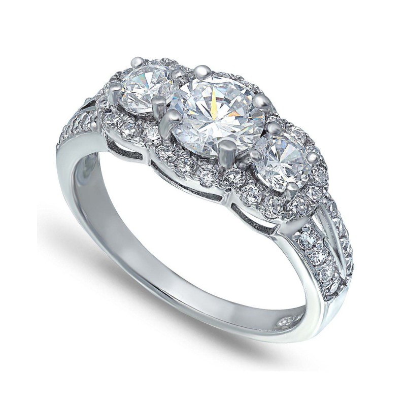 Cubic Zirconia Round 3 Stone Halo Ring in Silver P...